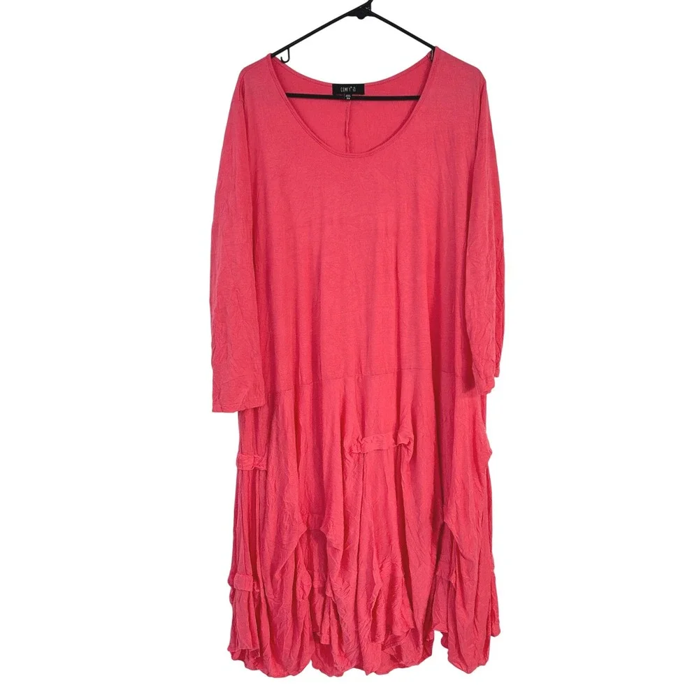 Comfy USA Coral Crinkle Tiered Dress 2X Asymmetric Lagenlook Artsy Art to Wear